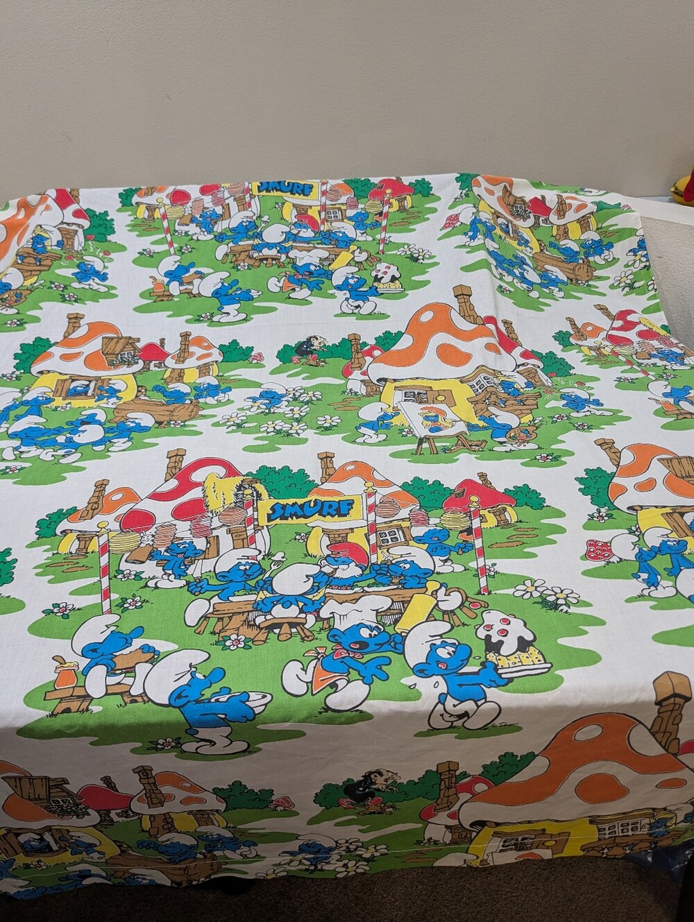 Vintage Smurf Village Twin Flat Sheet